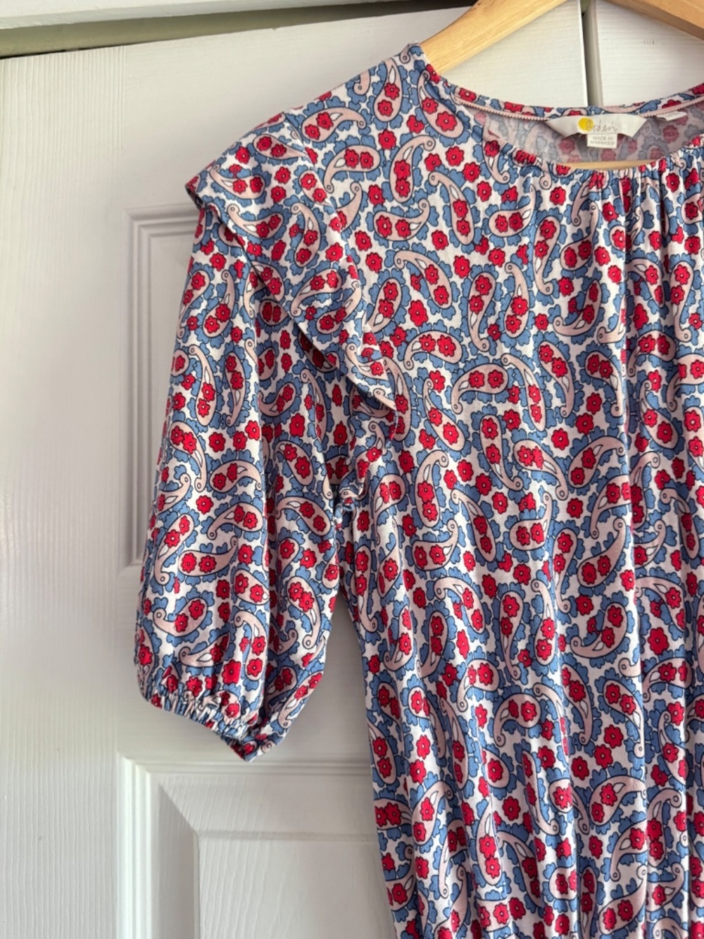 Boden Jersey Knit Midi Dress Ruffle Shoulder Paisley Floral All Over Print Sz 4 - Picture 7 of 16